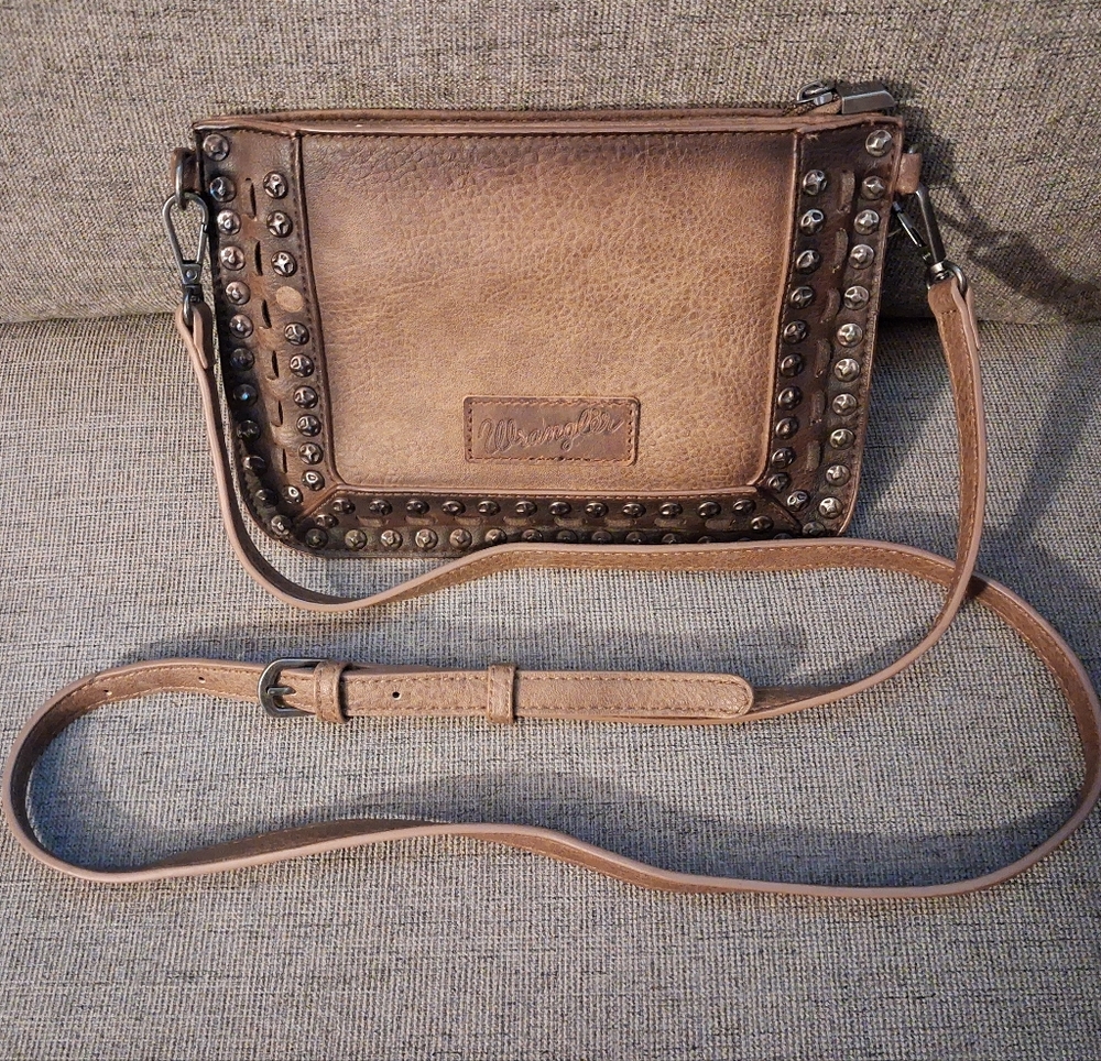 Wrangler Western Country Style Brown & Tan Studded Rivet Zip Top Crossbody Bag